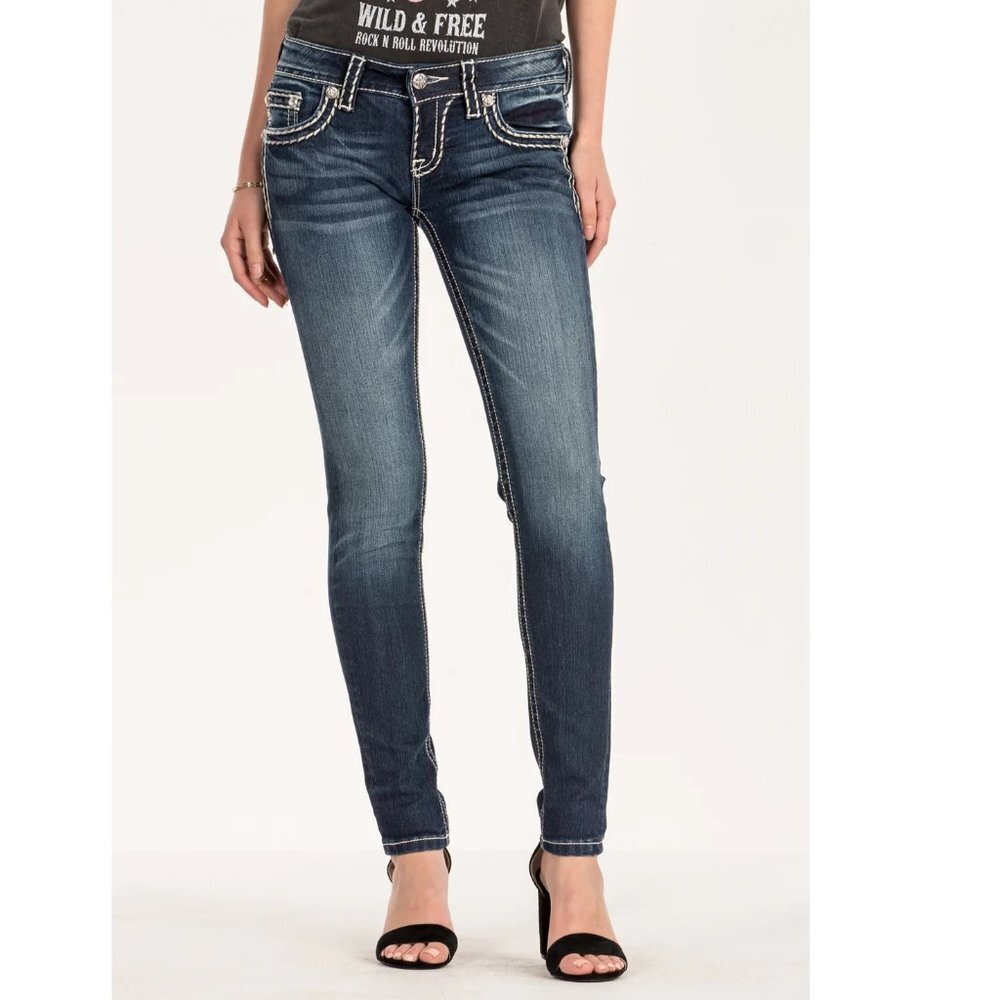 NWOT Miss Me Dark Wash Skinny Stitch Jeans Size 27 Style JS5014S195
